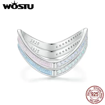 WOSTU Rózsaszín Kék Kettős, V Alakú Rakható Gyűrű A Nők 925 Sterling Ezüst Egyszerű Opál Csepp Olaj Gyűrűk Sima Slim Csülök Gyűrűk