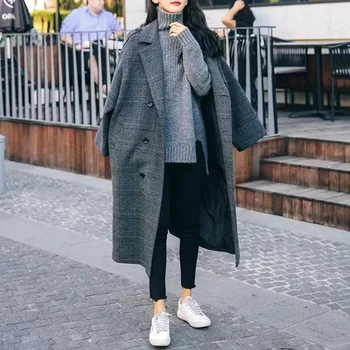 Kockás Gyapjú Kabát Női Őszi Téli 2023 Vintage Kapcsolja Le A Gallér Tweed Kabát Alkalmi Laza Dupla Mellű, Hosszú Kabát